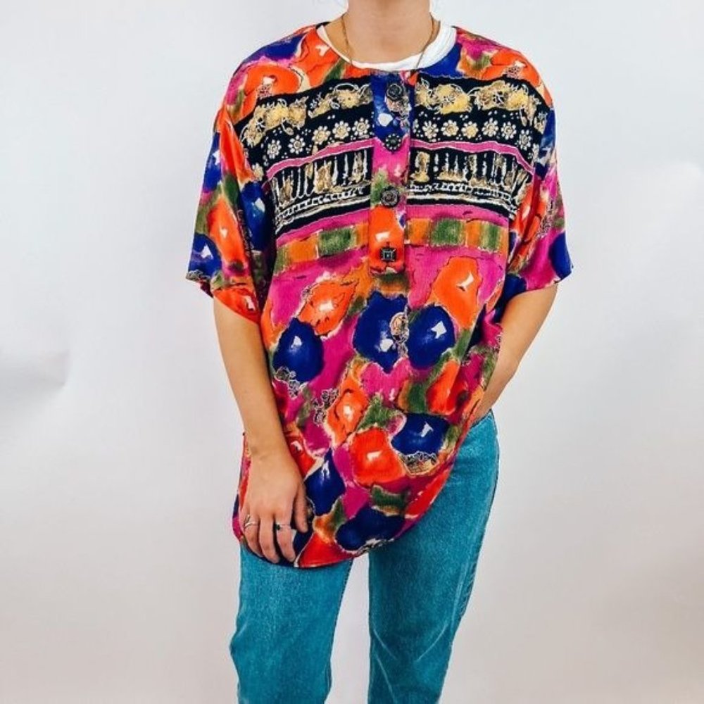 Vintage Funky Mix Print Colorful Top with Funky Buttons - Picture 6 of 8